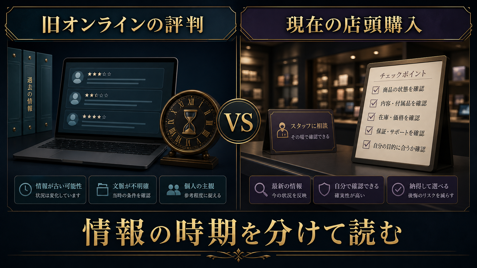 旧オンラインの評判と現在の店頭購入を分けて読む比較図