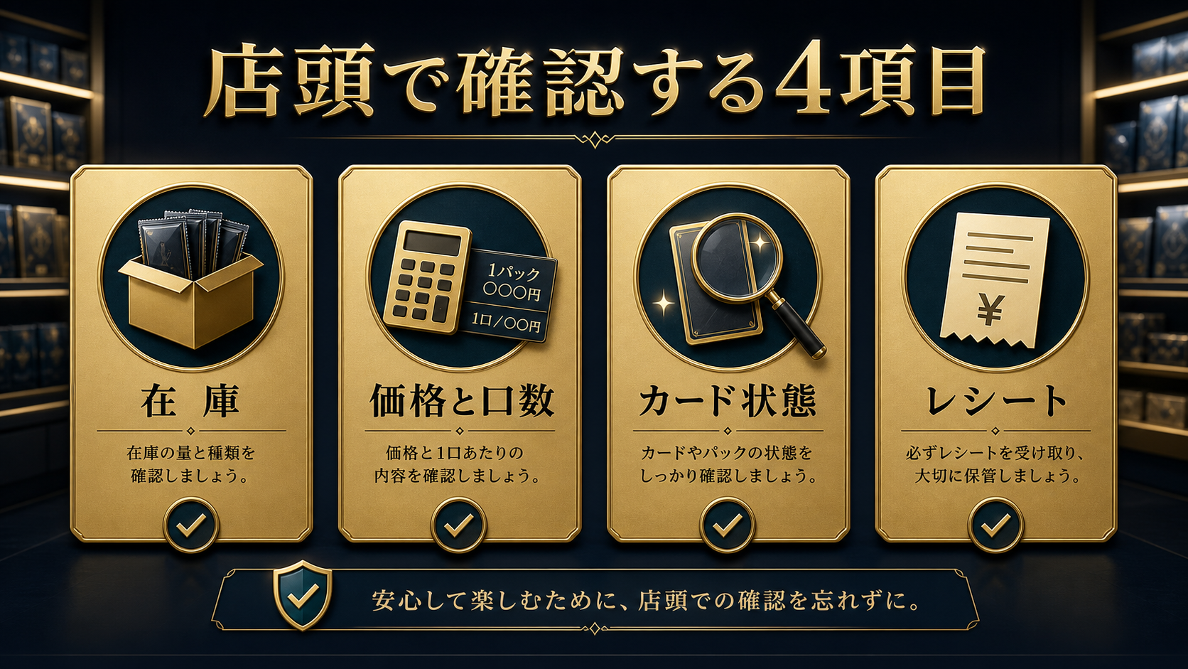 古市オリパを店頭で買う前の在庫・価格・状態・レシート確認図