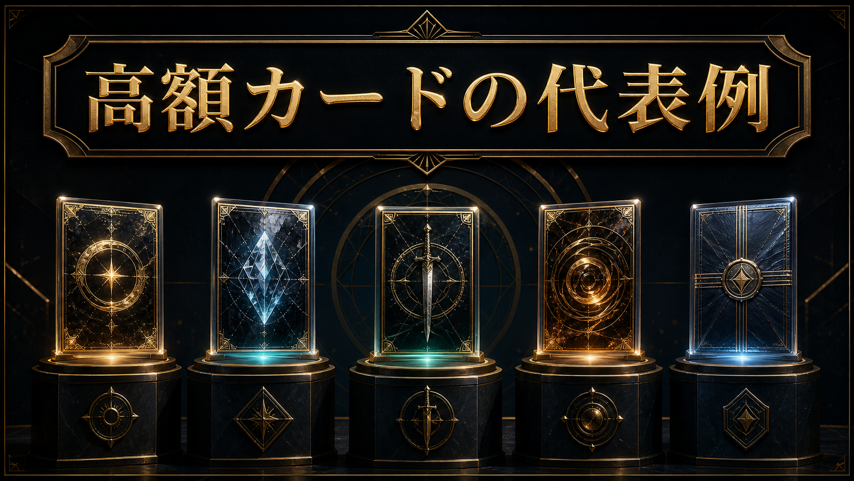 MTGの代表的高額カードを博物館展示のように示す図