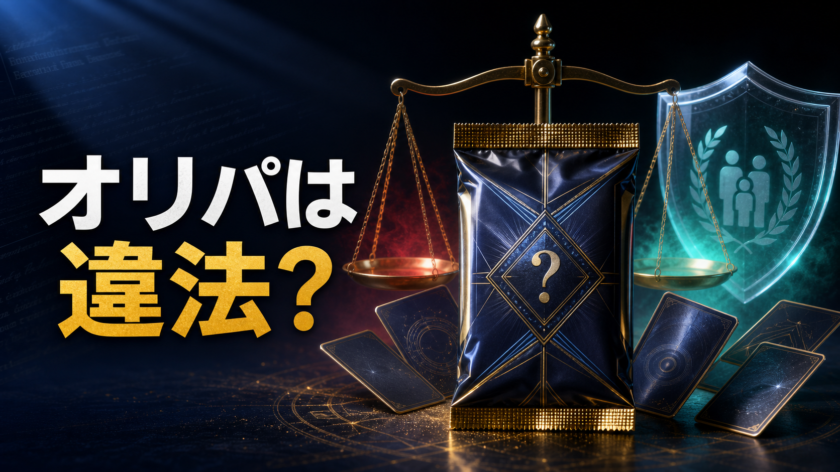 オリパは違法かを天秤とカードで表現したアイキャッチ