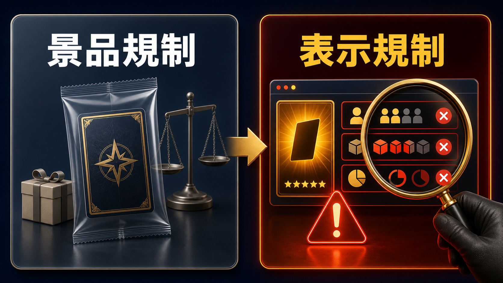 景品表示法の景品規制と表示規制のうち、オリパで問題になるのは表示規制であることを示す図解