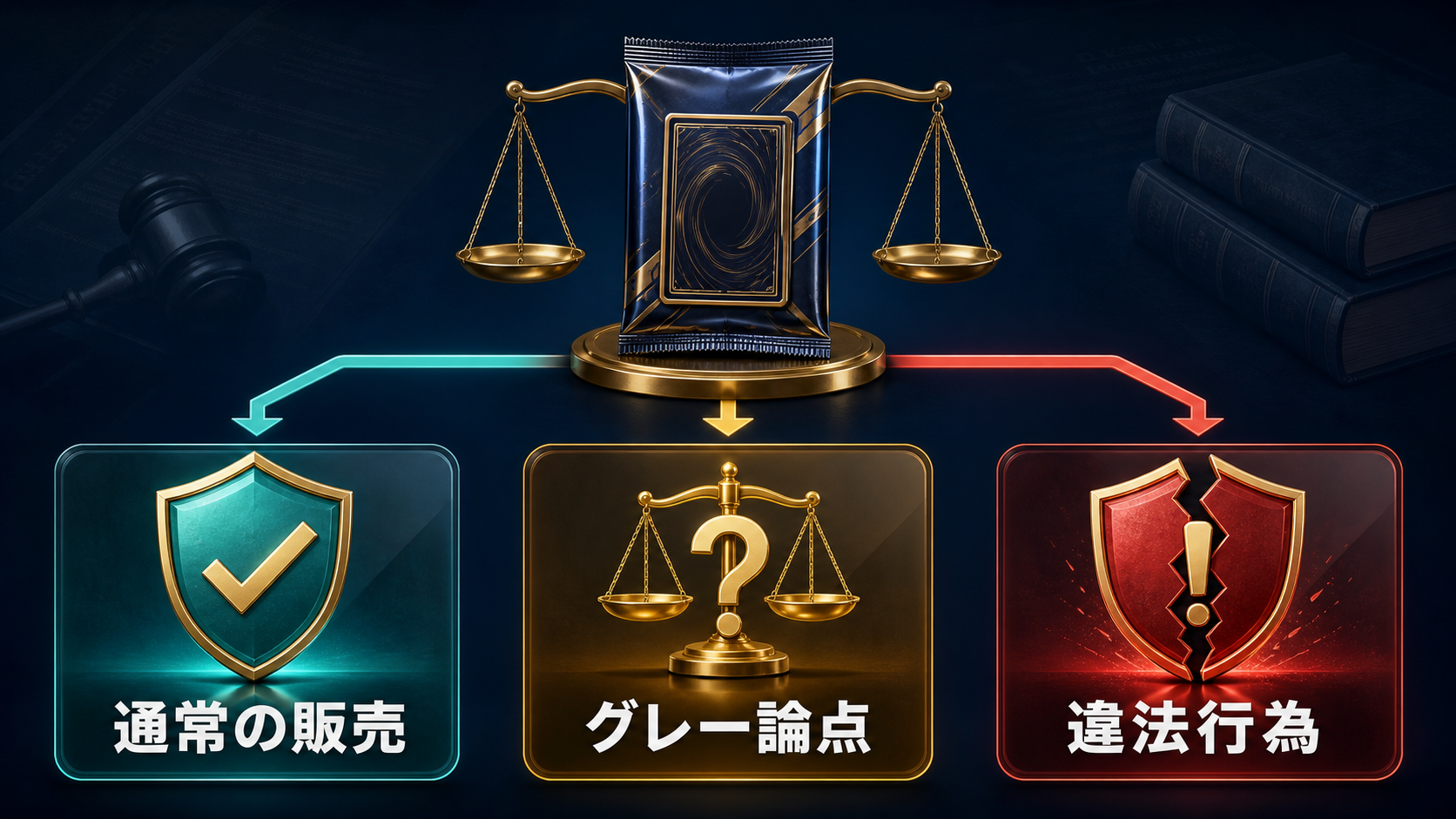 オリパの違法性の結論を示す図解。通常の販売、グレー論点、違法行為を1枚に集約