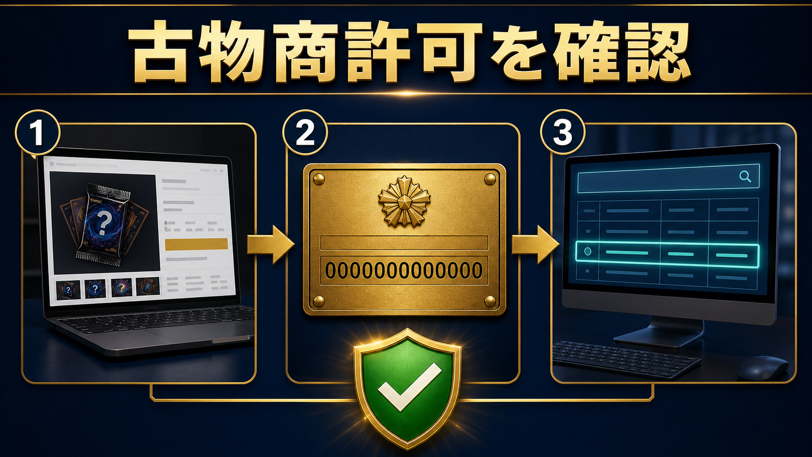 オリパサイトの古物商許可番号を確認する3つの手順の図解