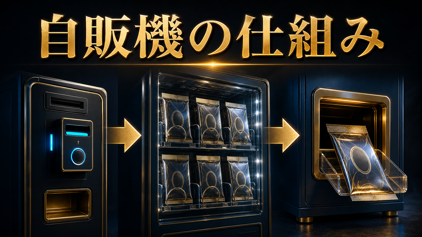 オリパ自販機の商品購入・排出・開封の仕組みを示す図