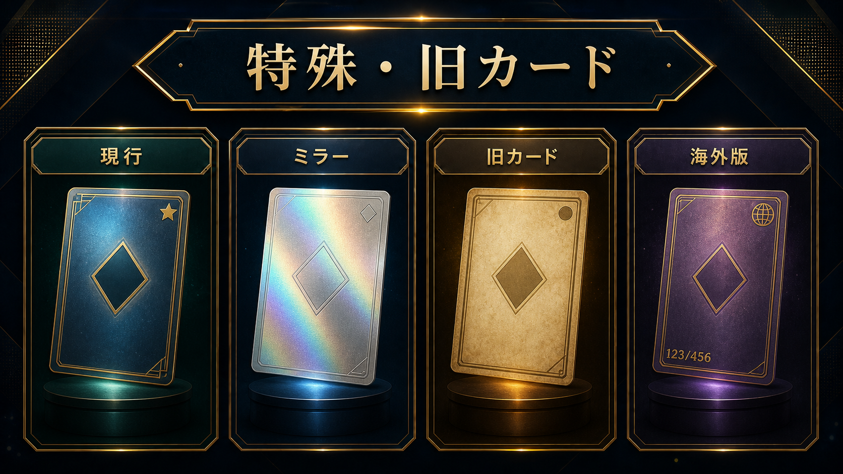 現行・ミラー・旧カード・海外版のレア度表記を比較する図