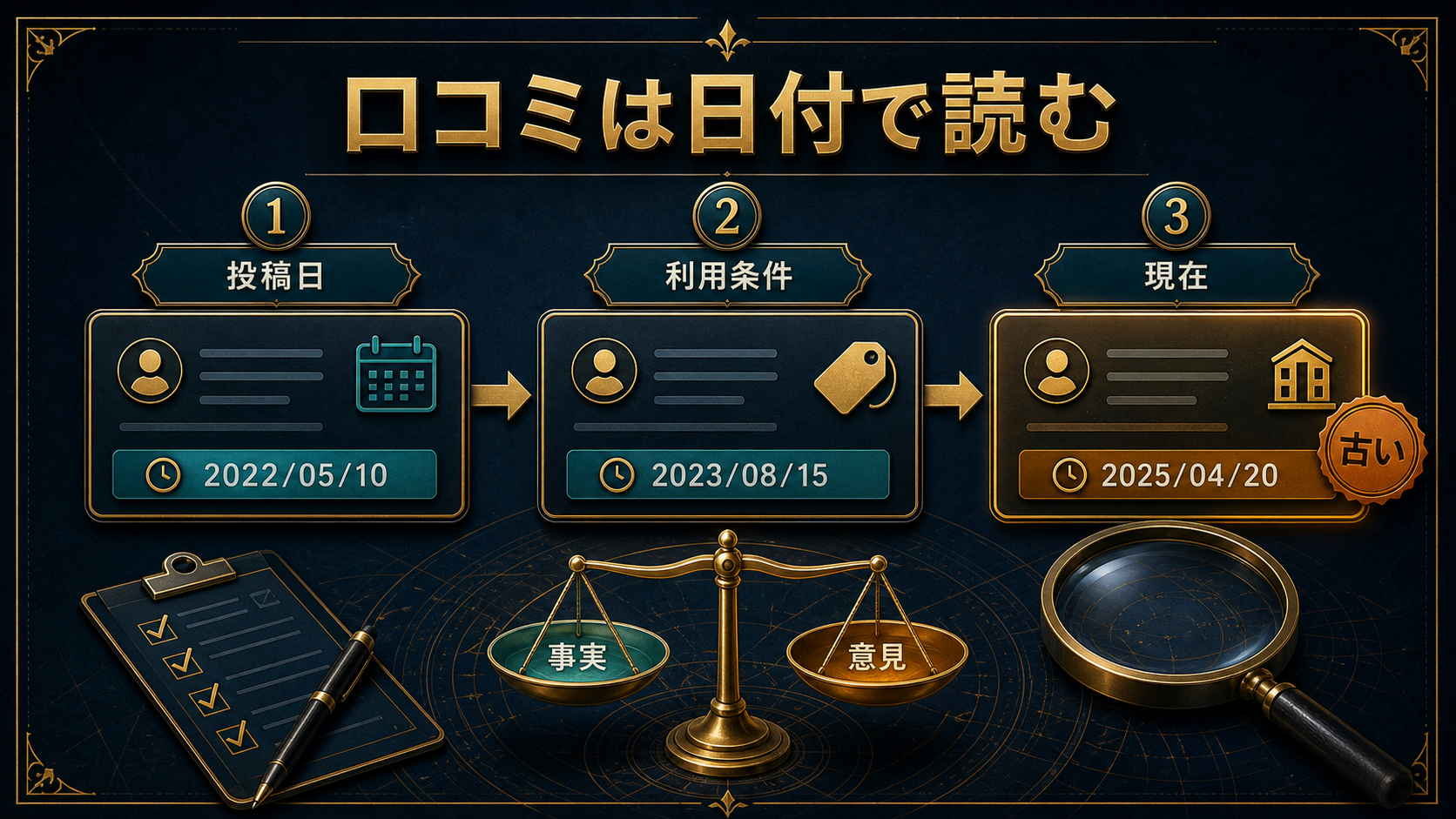 オンラインオリパの口コミを投稿日・利用条件・現在で読み分ける図