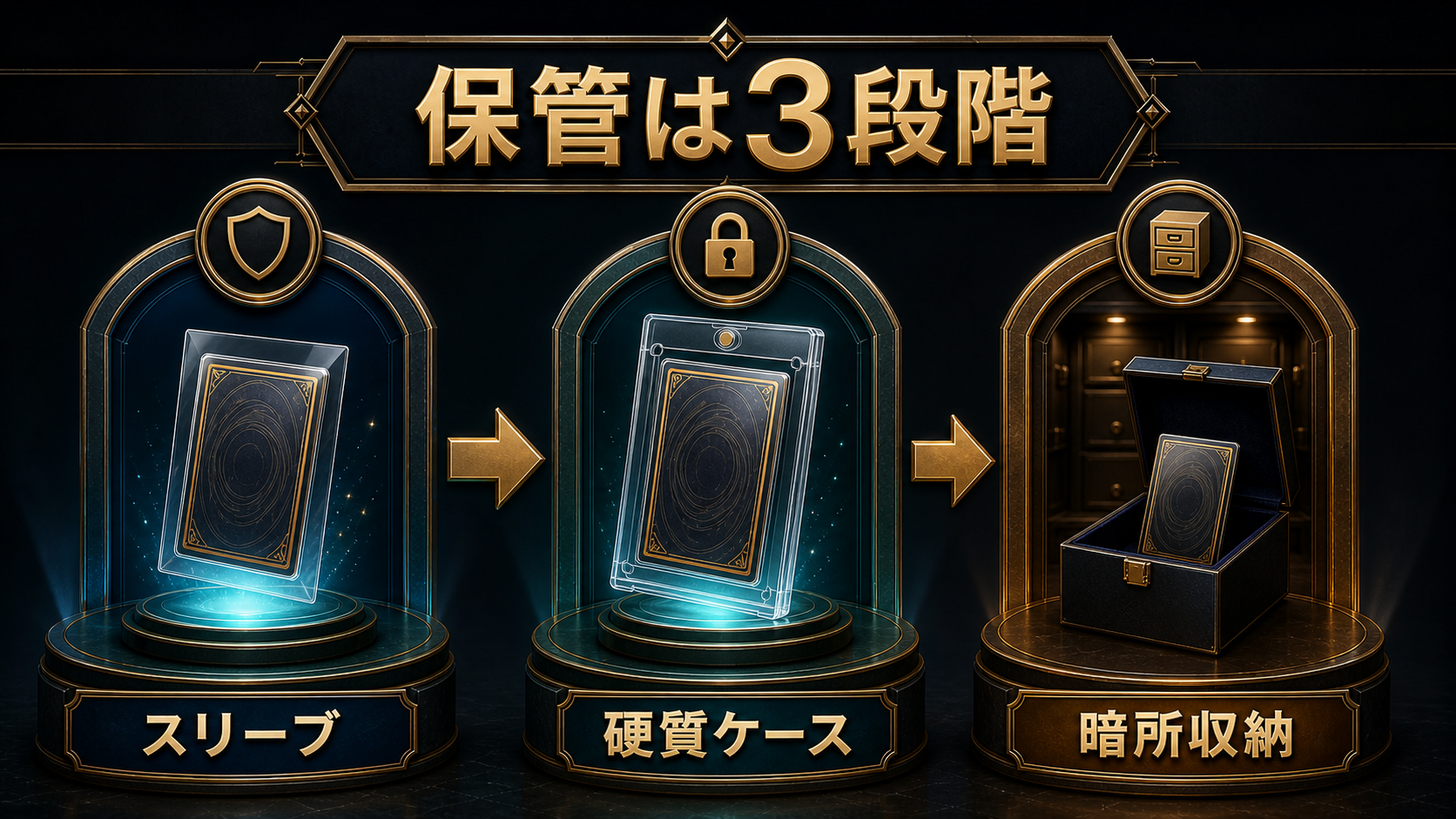 大量カード・お気に入り・高額カードの保管方法3段階図