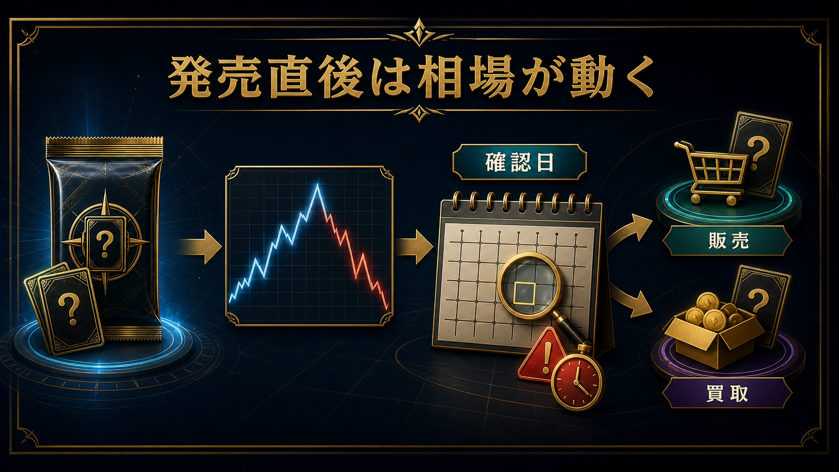 遊戯王最新パックの確認日・販売・買取を分ける図