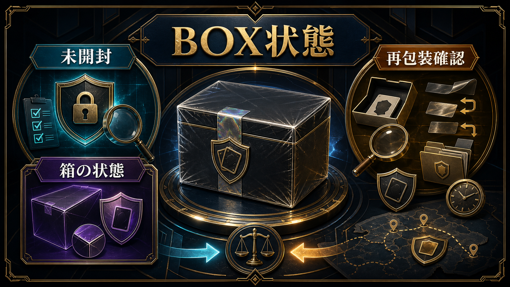 未開封BOX・シュリンク・封入状態を確認するの判断ポイントを整理した図