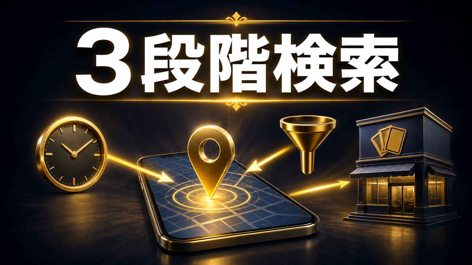 近くのカードショップを3段階で探すの判断ポイントを整理した図